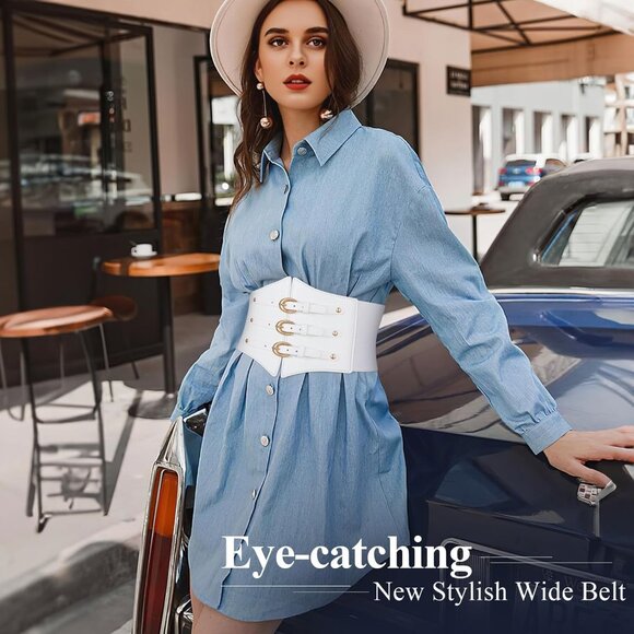 Women Corset Wide Stretch Waspie Elastic Waist Belt with White Gold Buckle - Picture 5 of 6